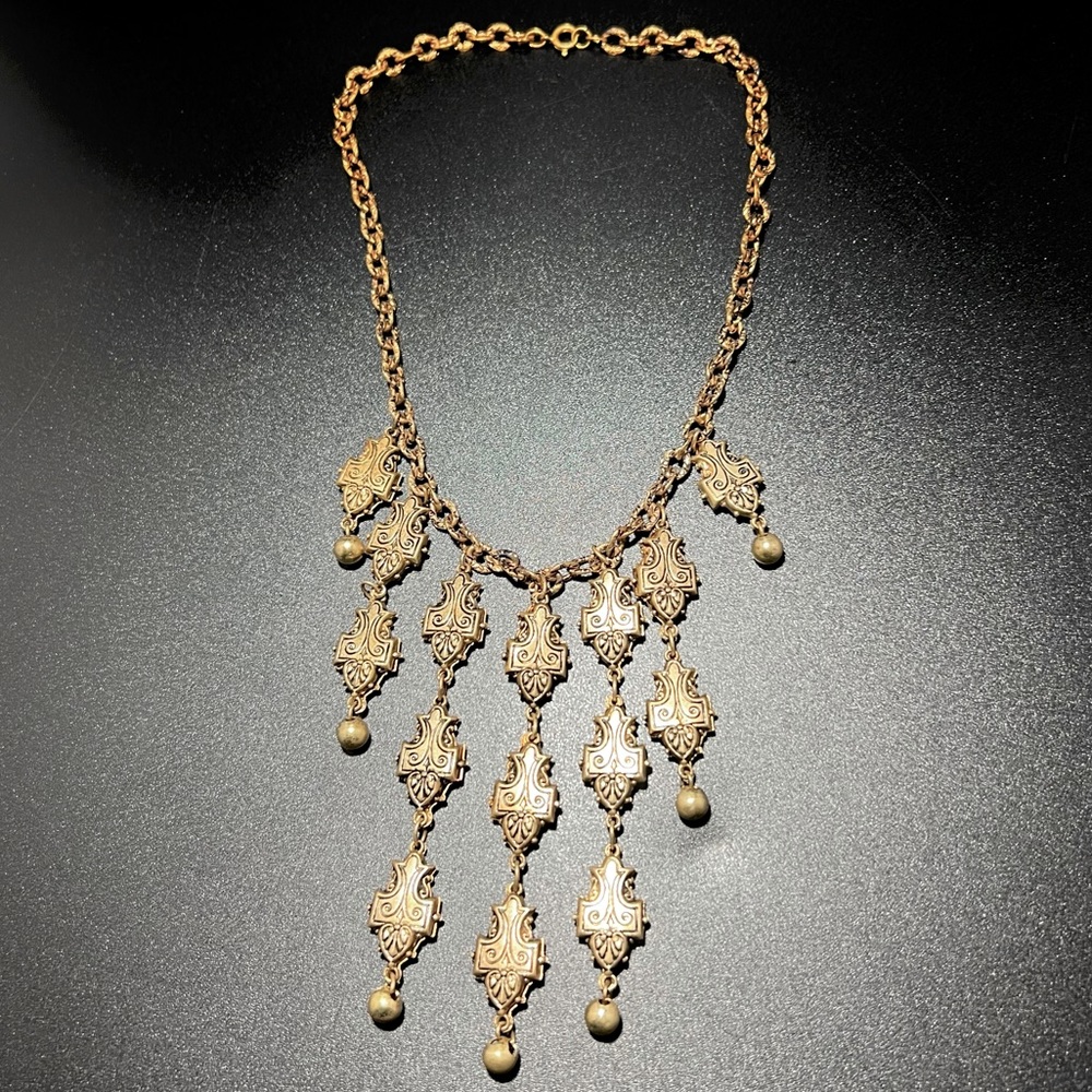 Vintage Etruscan Revival Fringe Collar Necklace Etched Brass with Black Overlay